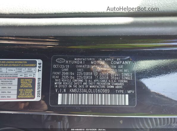 KM8J33AL0LU160989 2020 HYUNDAI TUCSON Черный Вид подкапотного пространства