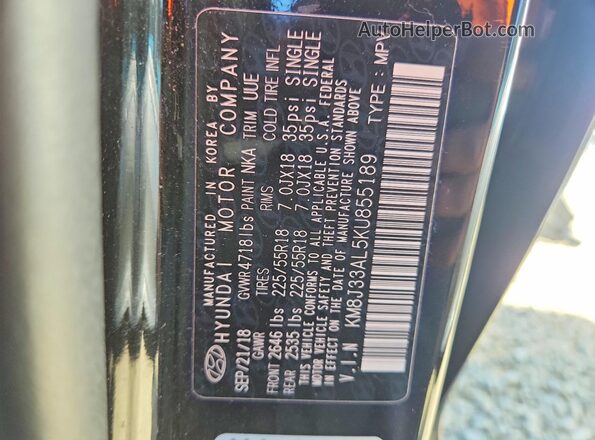 KM8J33AL5KU855189 2019 HYUNDAI TUCSON Черный Панорамный вид салона 360°