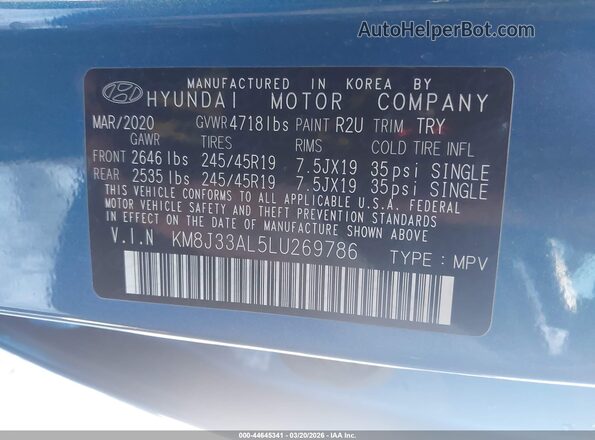 KM8J33AL5LU269786 2020 HYUNDAI TUCSON Синий Вид подкапотного пространства