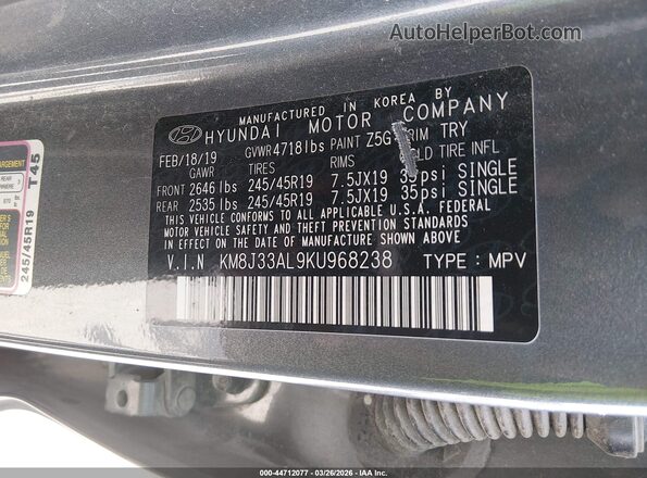 KM8J33AL9KU968238 2019 HYUNDAI TUCSON Gray Engine compartment view