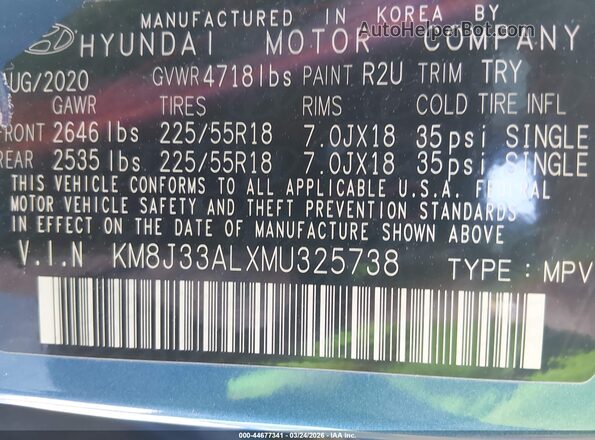 KM8J33ALXMU325738 2021 HYUNDAI TUCSON Blue Widok komory silnika