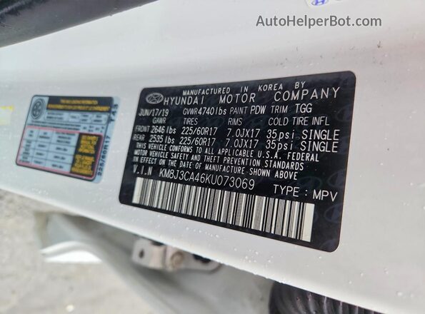 KM8J3CA46KU073069 2019 HYUNDAI TUCSON White Vista interior de 360 grados