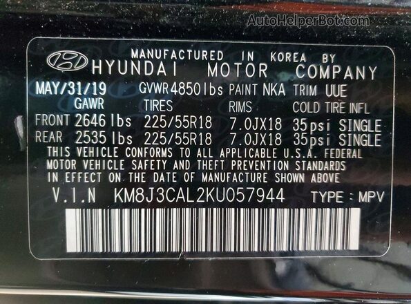 KM8J3CAL2KU057944 2019 HYUNDAI TUCSON Черный Вид наклейки с VIN-кодом