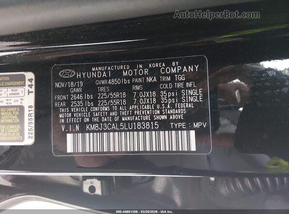 KM8J3CAL5LU183815 2020 HYUNDAI TUCSON Black Widok komory silnika