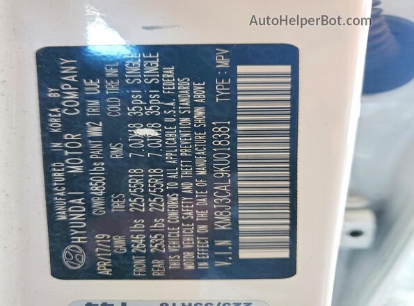 KM8J3CAL9KU018381 2019 HYUNDAI TUCSON White Vista de la etiqueta del VIN