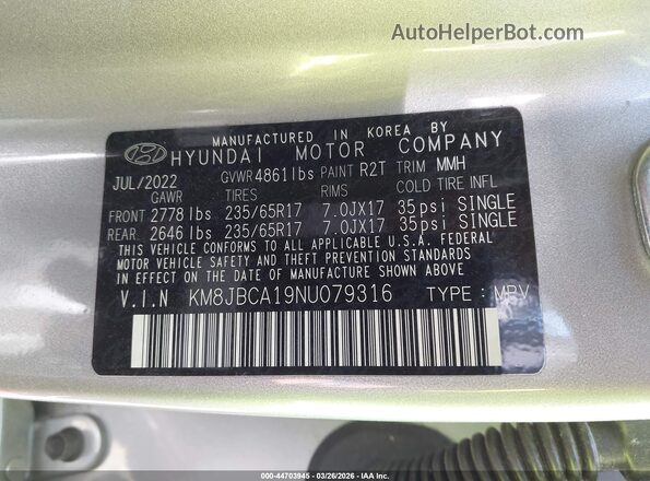KM8JBCA19NU079316 2022 HYUNDAI TUCSON HYBRID Silver Widok komory silnika