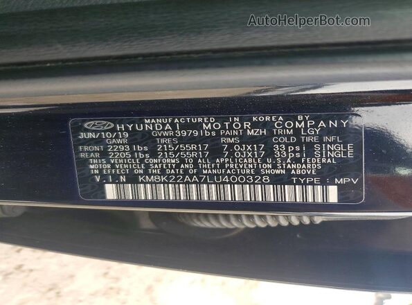 KM8K22AA7LU400328 2020 HYUNDAI KONA Черный Вид наклейки с VIN-кодом