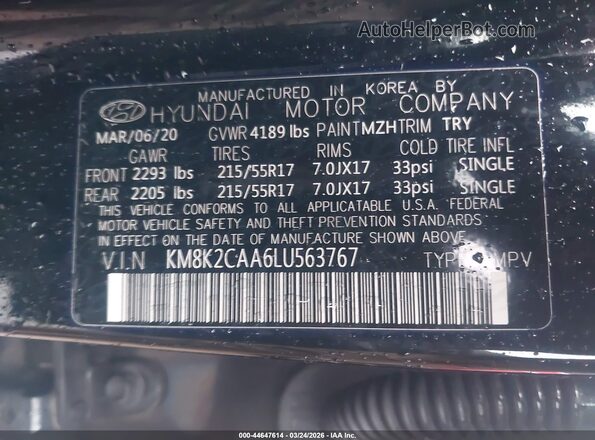 KM8K2CAA6LU563767 2020 HYUNDAI KONA Black Vista del compartimento del motor