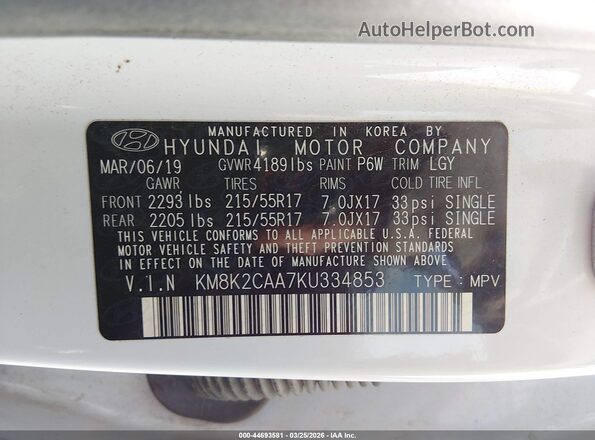 KM8K2CAA7KU334853 2019 HYUNDAI KONA White ძრავის განყოფილების ხედი
