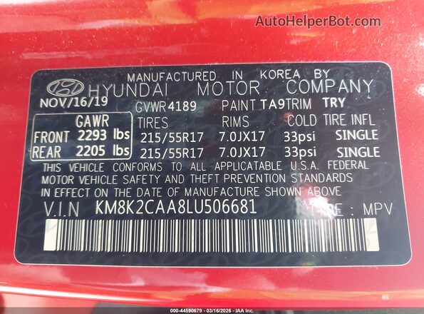 KM8K2CAA8LU506681 2020 HYUNDAI KONA Оранжевый Вид подкапотного пространства