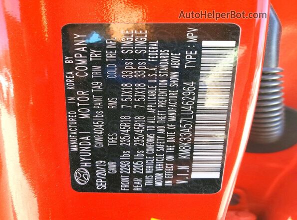 KM8K33A57LU462964 2020 HYUNDAI KONA Red Вид наклейки з VIN-кодом