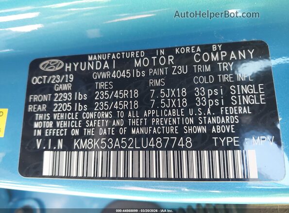 KM8K53A52LU487748 2020 HYUNDAI KONA Синий Вид подкапотного пространства