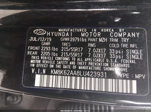 KM8K62AA8LU423931 2020 HYUNDAI KONA Черный Вид подкапотного пространства