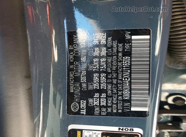 KM8KM4AEXNU116509 2022 HYUNDAI IONIQ Угольный Вид наклейки с VIN-кодом