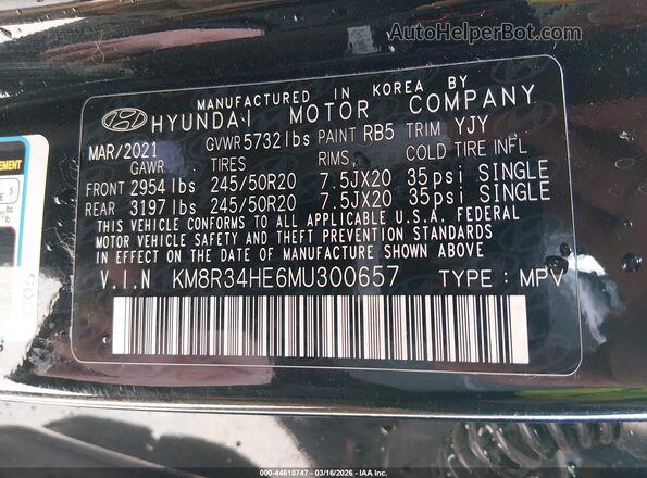 KM8R34HE6MU300657 2021 HYUNDAI PALISADE Черный Вид подкапотного пространства