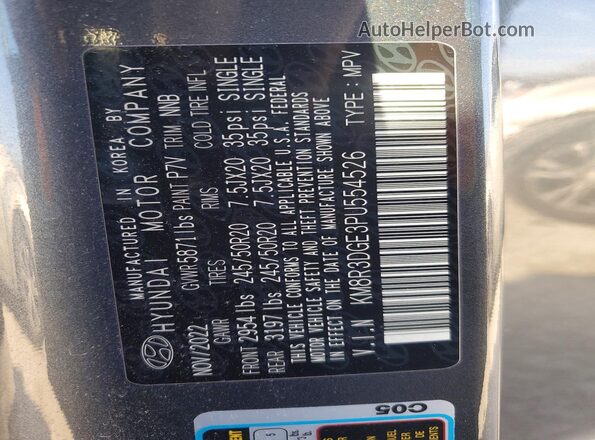 KM8R3DGE3PU554526 2023 HYUNDAI PALISADE Gray Widok naklejki z numerem VIN