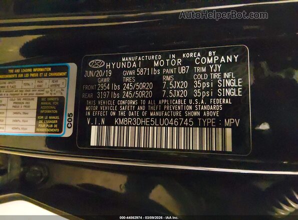 KM8R3DHE5LU046745 2020 HYUNDAI PALISADE Черный Вид подкапотного пространства