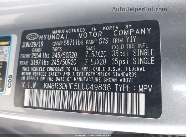 KM8R3DHE5LU049838 2020 HYUNDAI PALISADE Серебряный Вид подкапотного пространства