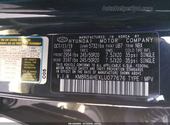KM8R54HEXLU077676 2020 HYUNDAI PALISADE Черный Вид подкапотного пространства