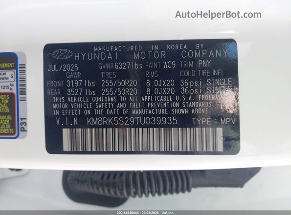 KM8RK5S29TU039935 2026 HYUNDAI PALISADE Белый Вид подкапотного пространства
