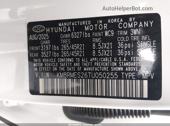KM8RMES26TU050255 2026 HYUNDAI PALISADE White Вид підкапотного простору