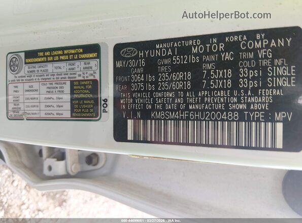KM8SM4HF6HU200488 2017 HYUNDAI SANTA FE Белый Вид подкапотного пространства