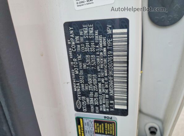 KM8SN4HF9KU307619 2019 HYUNDAI SANTA Белый Вид наклейки с VIN-кодом
