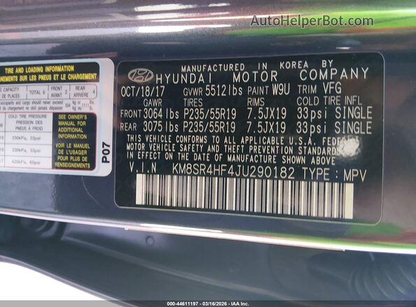 KM8SR4HF4JU290182 2018 HYUNDAI SANTA FE Черный Вид подкапотного пространства