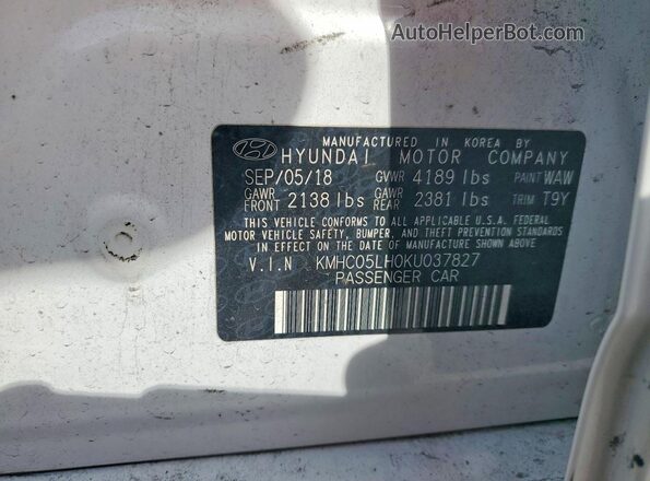KMHC05LH0KU037827 2019 HYUNDAI IONIQ Белый Вид наклейки с VIN-кодом