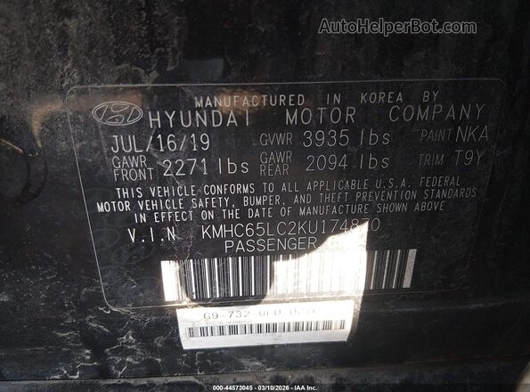 KMHC65LC2KU174870 2019 HYUNDAI IONIQ HYBRID Черный Вид подкапотного пространства