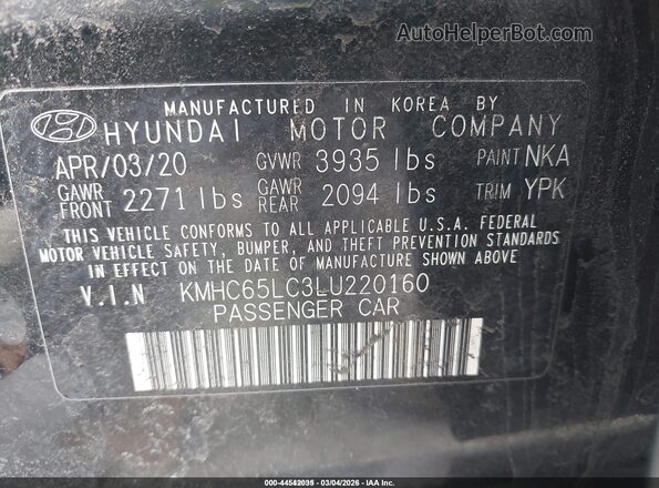 KMHC65LC3LU220160 2020 HYUNDAI IONIQ HYBRID Black Շարժիչի բաժամունքի տեսք