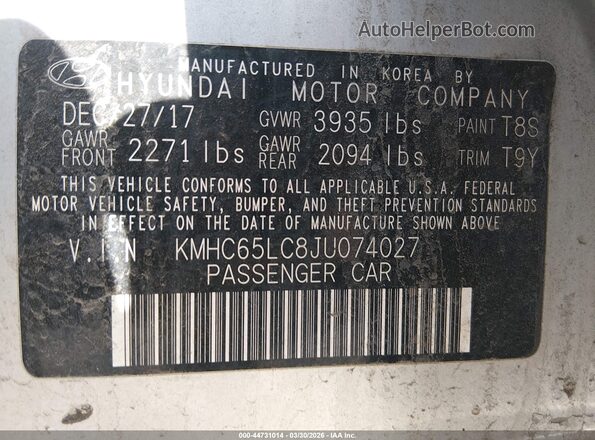 KMHC65LC8JU074027 2018 HYUNDAI IONIQ HYBRID Silver Вид підкапотного простору