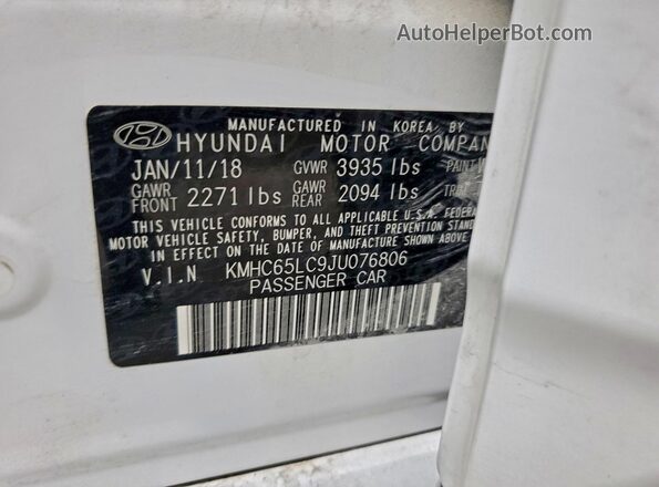 KMHC65LC9JU076806 2018 HYUNDAI IONIQ White Vista interior de 360 grados