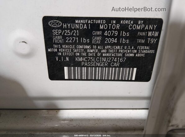 KMHC75LC1NU274167 2022 HYUNDAI IONIQ HYBRID Белый Вид подкапотного пространства