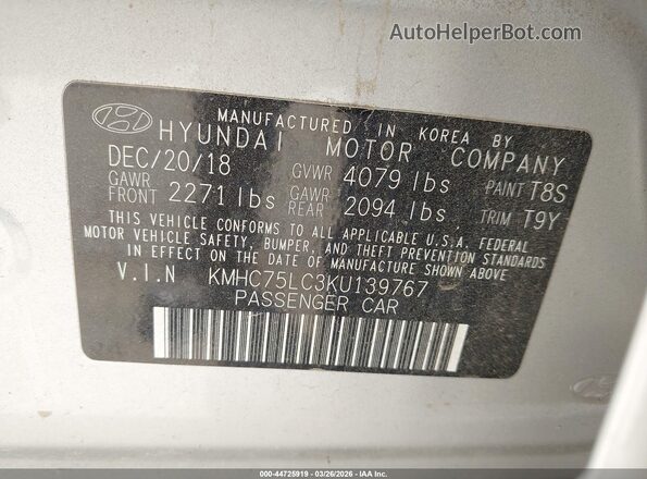 KMHC75LC3KU139767 2019 HYUNDAI IONIQ HYBRID Серый Вид подкапотного пространства