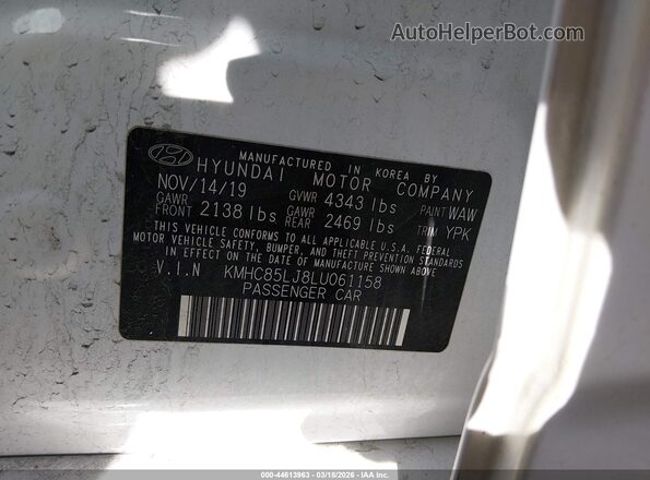 KMHC85LJ8LU061158 2020 HYUNDAI IONIQ ELECTRIC White Вид підкапотного простору