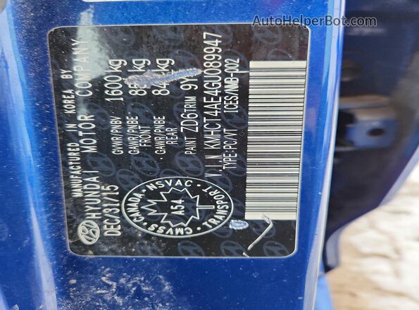 KMHCT4AE4GU089947 2016 HYUNDAI ACCENT Blue VIN კოდის სტიკერის ხედი