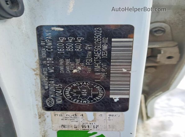 KMHCT5AE5GU265023 2016 HYUNDAI ACCENT White Widok naklejki z numerem VIN