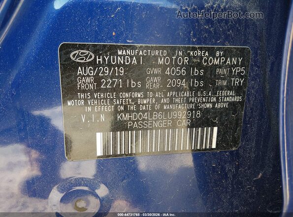 KMHD04LB6LU992918 2020 HYUNDAI ELANTRA Blue Widok komory silnika