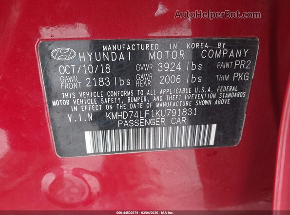 KMHD74LF1KU791831 2019 HYUNDAI ELANTRA Красный Вид подкапотного пространства