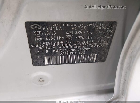 KMHD74LF3KU780782 2019 HYUNDAI ELANTRA Серый Вид подкапотного пространства