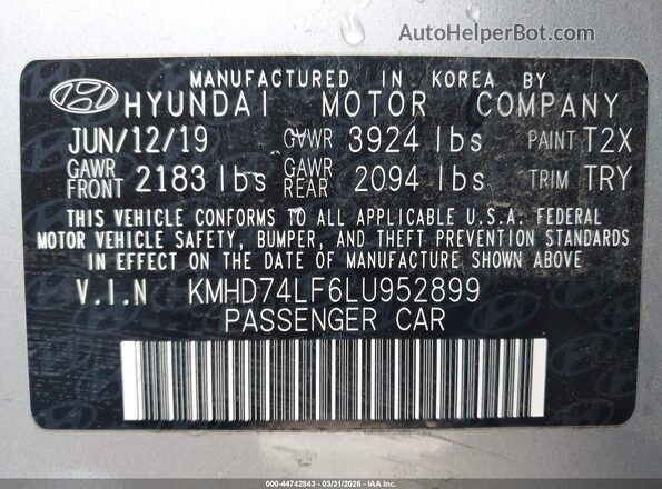 KMHD74LF6LU952899 2020 HYUNDAI ELANTRA Серебряный Вид подкапотного пространства