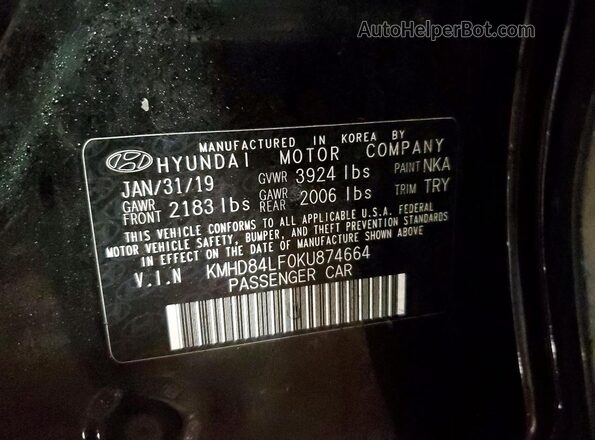 KMHD84LF0KU874664 2019 HYUNDAI ELANTRA Черный Вид подкапотного пространства