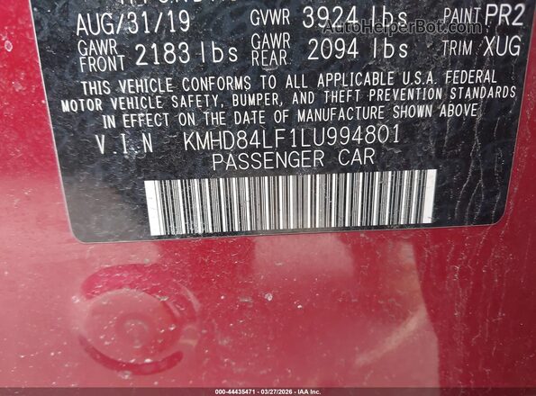 KMHD84LF1LU994801 2020 HYUNDAI ELANTRA Red Widok komory silnika