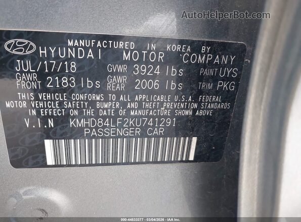 KMHD84LF2KU741291 2019 HYUNDAI ELANTRA Gray Engine compartment view