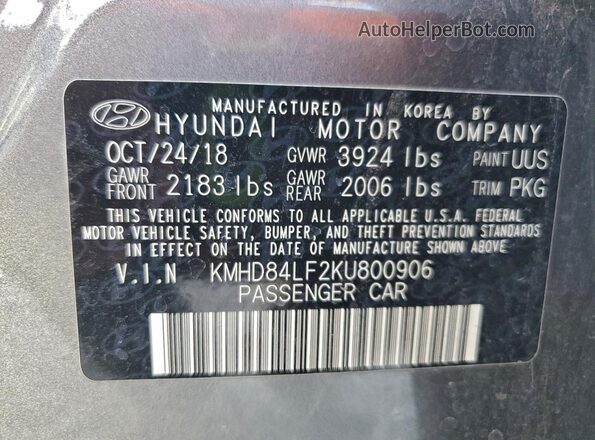KMHD84LF2KU800906 2019 HYUNDAI ELANTRA Gray VIN կոդի պիտակի տեսք