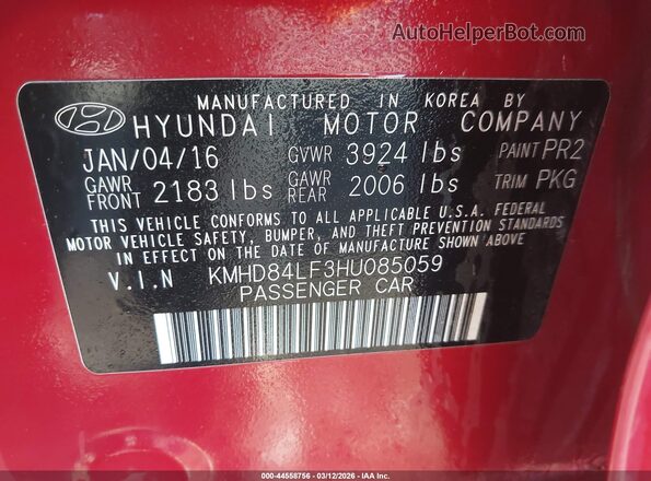 KMHD84LF3HU085059 2017 HYUNDAI ELANTRA Red Widok komory silnika
