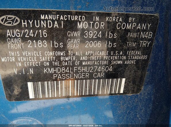 KMHD84LF5HU274604 2017 HYUNDAI ELANTRA Синий Вид подкапотного пространства