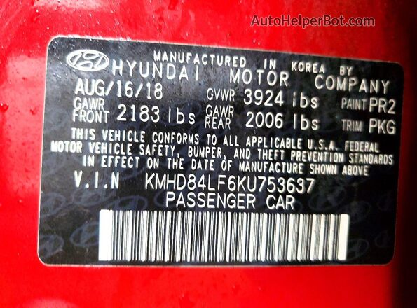 KMHD84LF6KU753637 2019 HYUNDAI ELANTRA Красный Вид наклейки с VIN-кодом