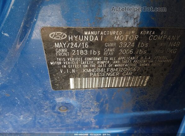 KMHD84LF8HU209567 2017 HYUNDAI ELANTRA Синий Вид задних сидений